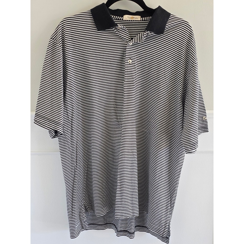 Peter Millar Mens Large‎ Black White Striped Double Mercerized Cotton FedEx Polo